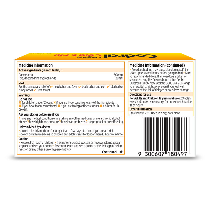 Codral Original Cold & Flu NZ PSE C3 24pk - PHARMACIST ONLY MEDICINE