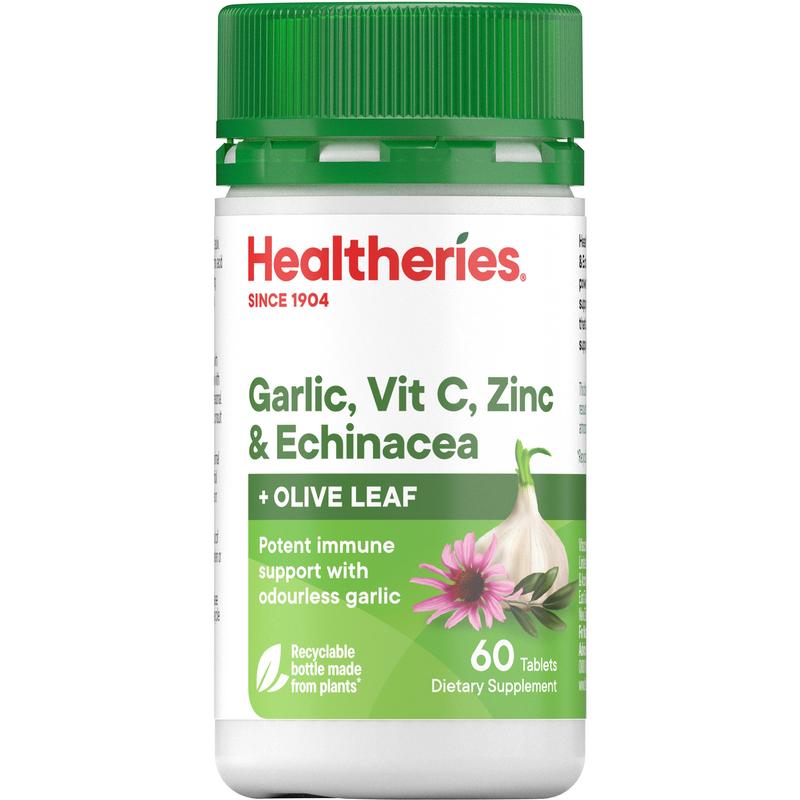 Healtheries Garlic Vitamin C Zinc & Echinacea +Olive Leaf Tabs 60s