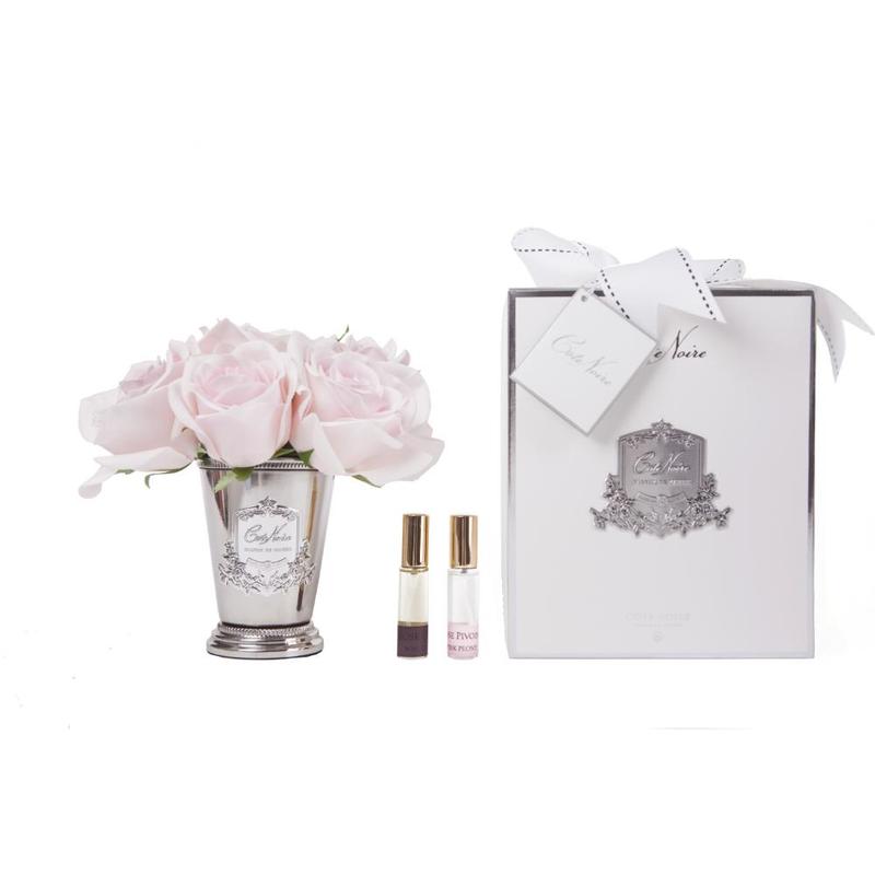 Cote Noire Seven Roses in Silver Vase 2s French Pink