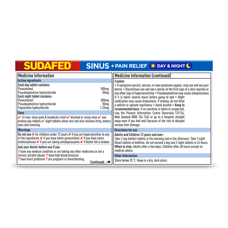 Sudafed Sinus Pain Day Night NZ PSE C3 24pk - PHARMACIST ONLY MEDICINE