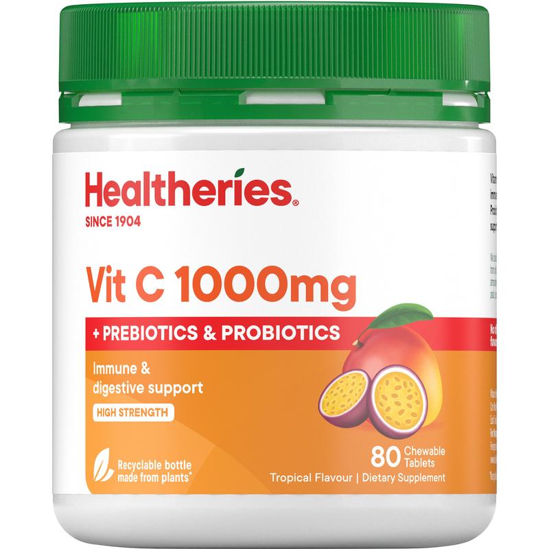 Healtheries Vitamin C 1000mg with Prebiotics and Probiotics Tropical Tabs 80s