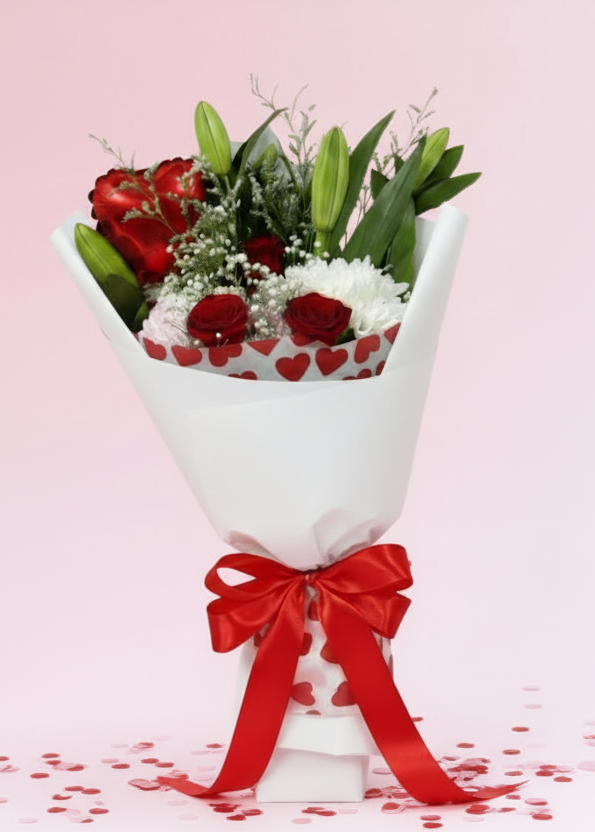 'All In' Valentine's Bouquet (Gift Box, Flowers, Confetti, ❤️Balloon)