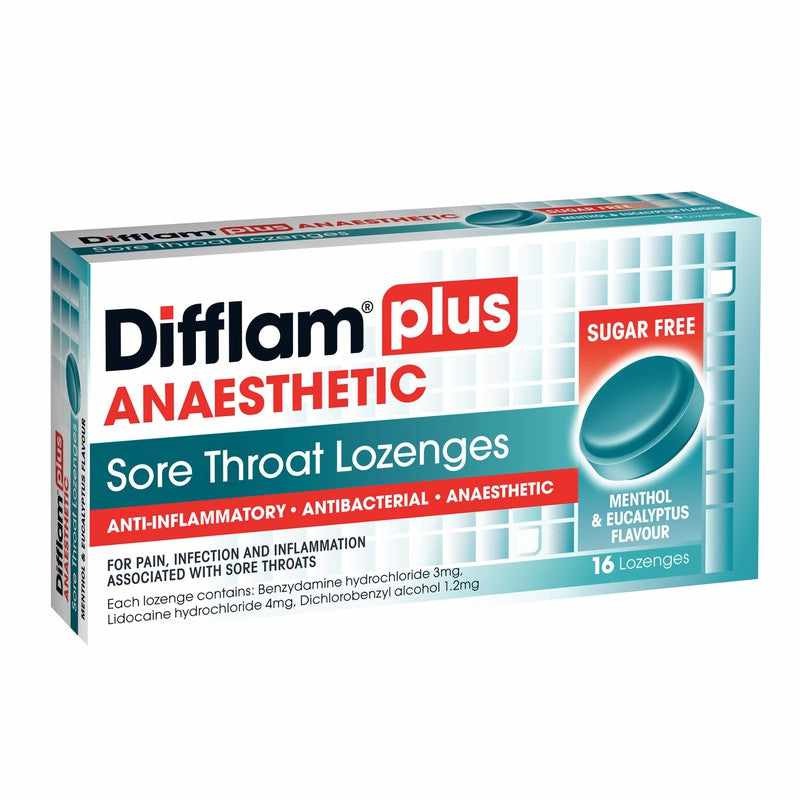 Difflam Plus Anaesthetic Sore Throat Lozenges Eucalyptus & Menthol 16s ...